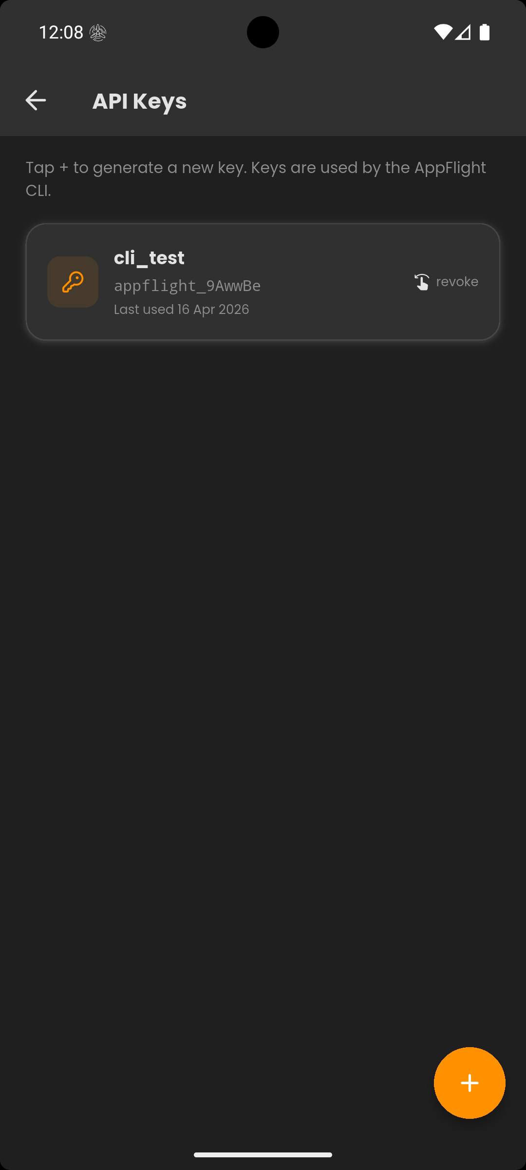 AppFlight API keys screen for CI/CD integration