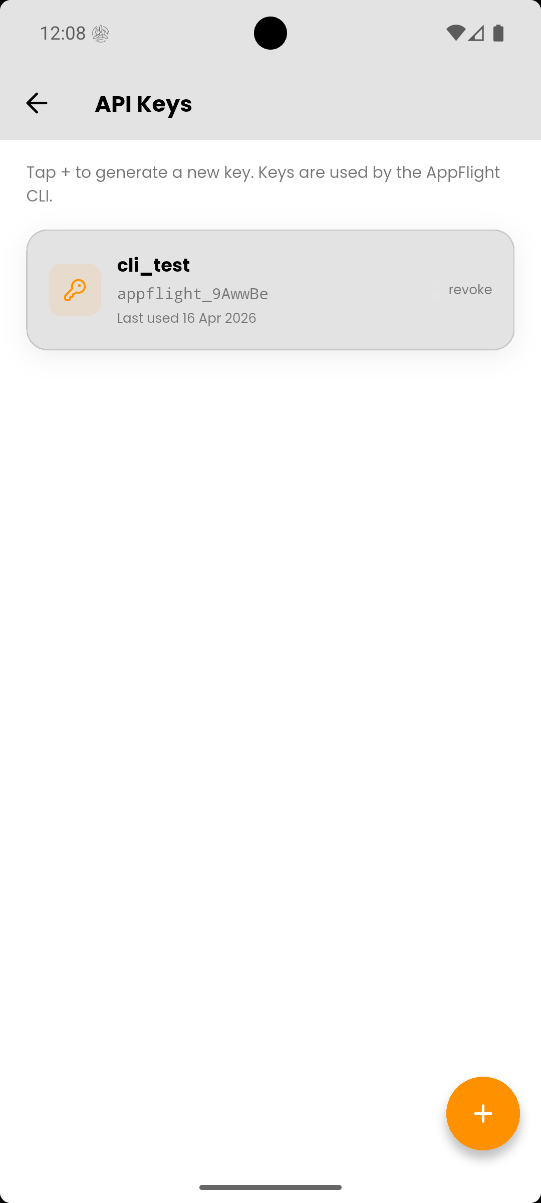 AppFlight API keys screen for CI/CD integration