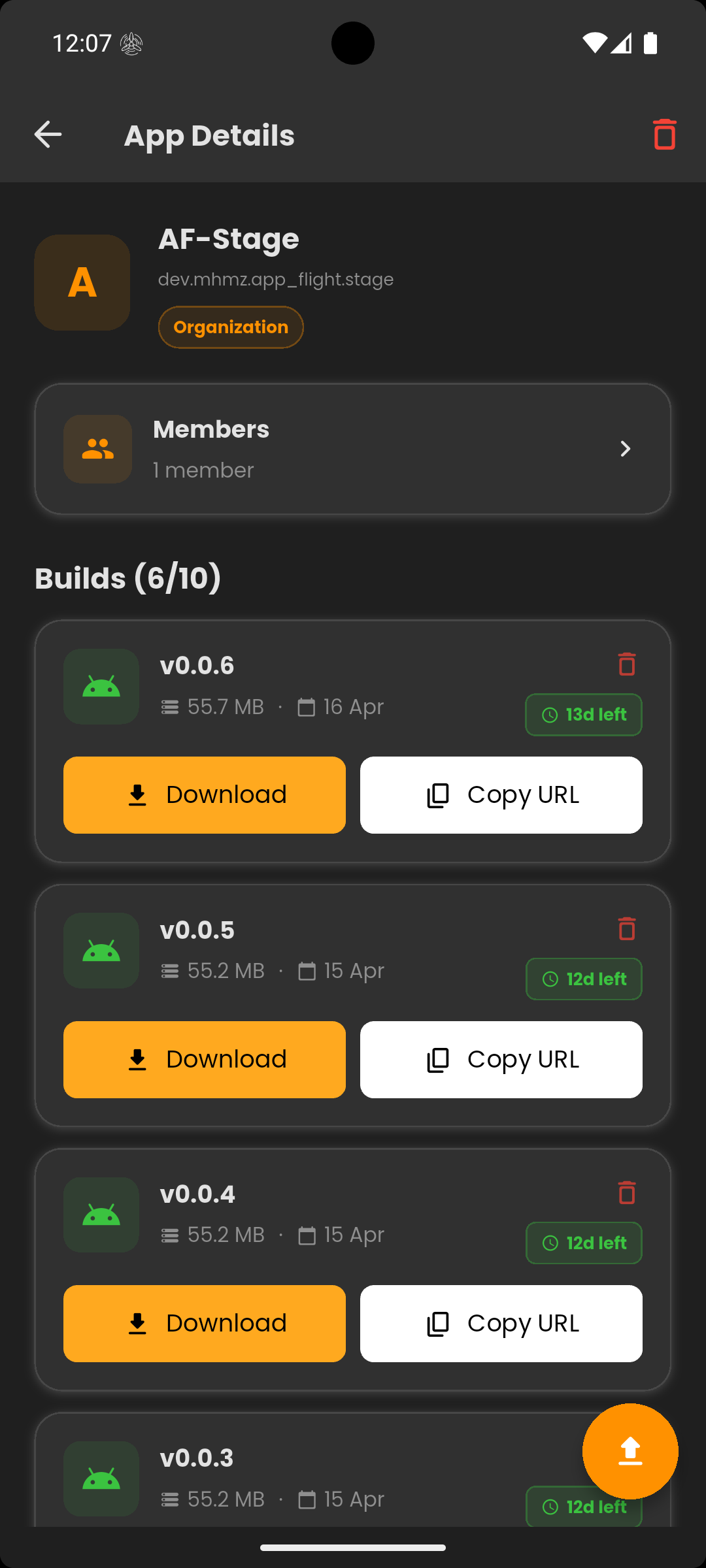 AppFlight Android app — APK version history for a beta build