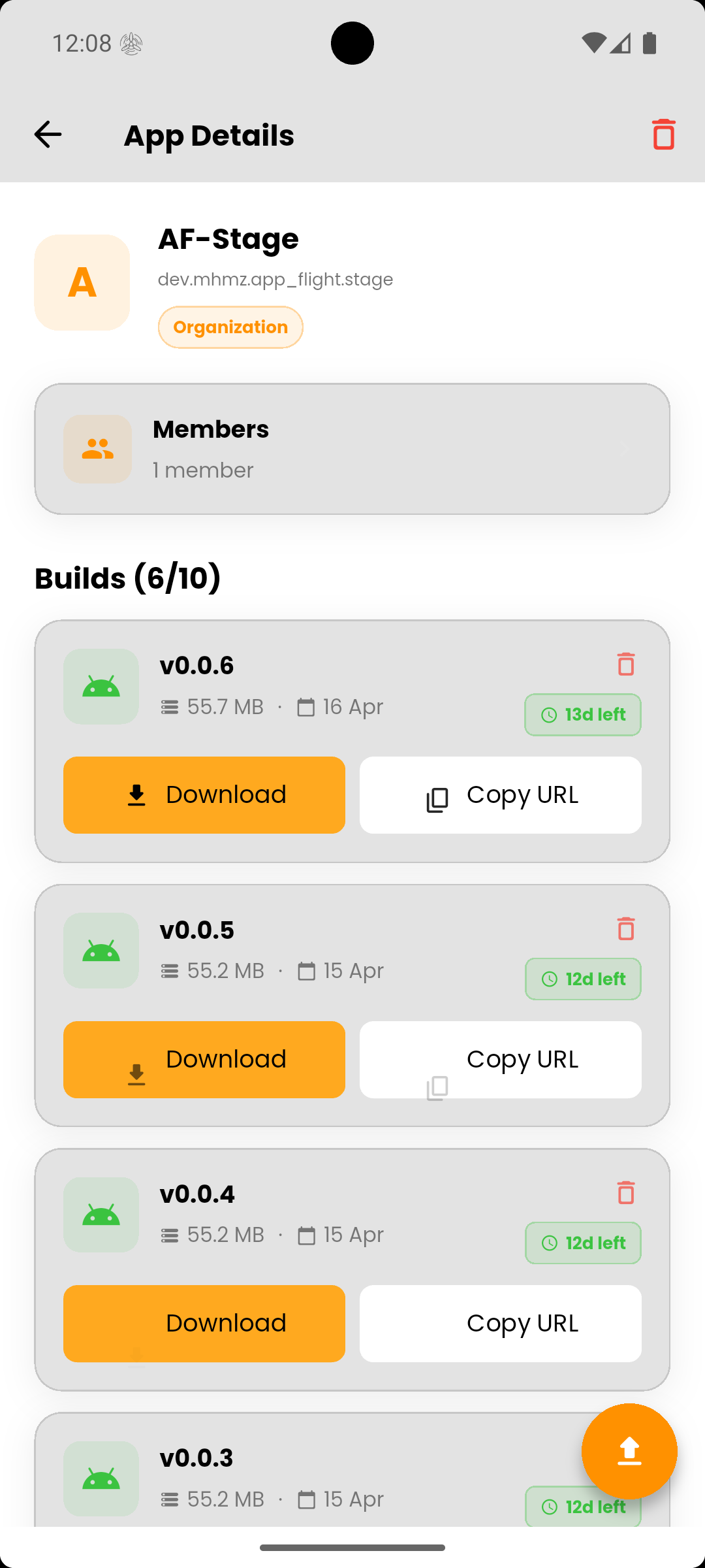 AppFlight Android app — APK version history for a beta build